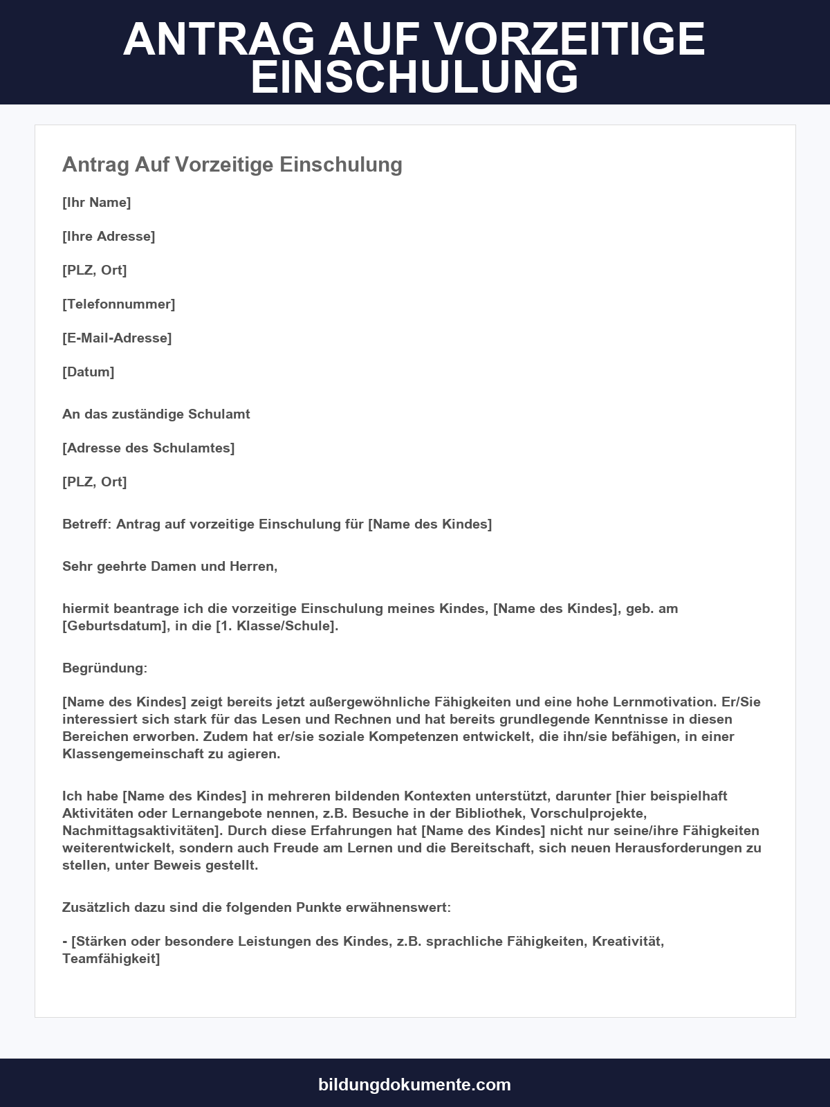 Muster Antrag Auf Vorzeitige Einschulung