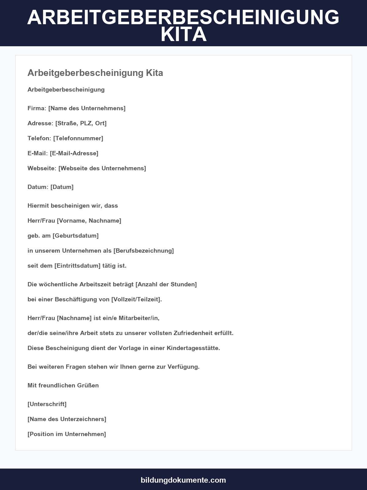 Arbeitgeberbescheinigung Kita - Vorlage
