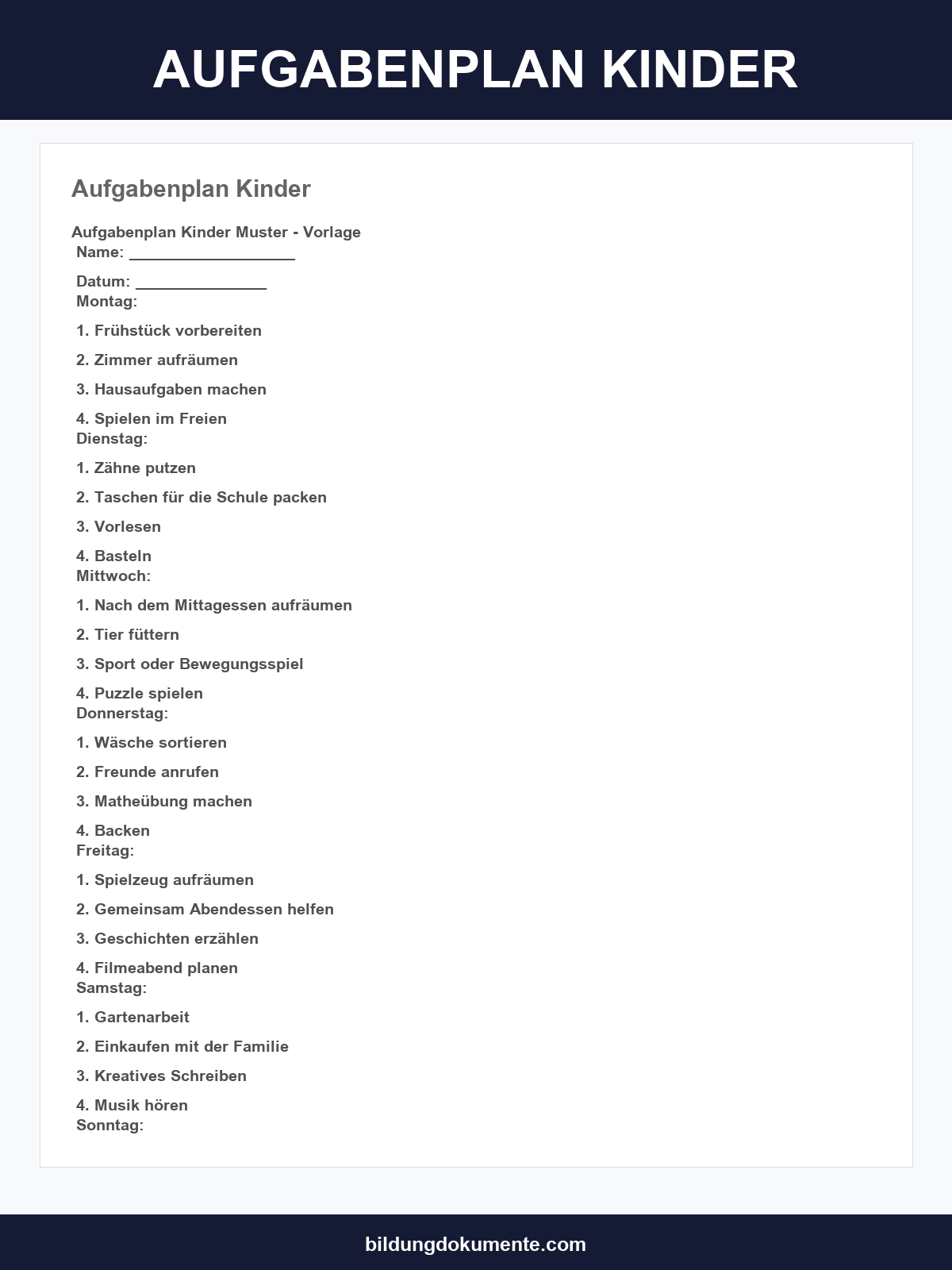 Aufgabenplan Kinder