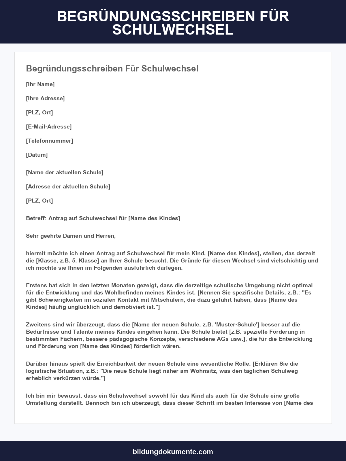 Begründungsschreiben Für Schulwechsel Muster