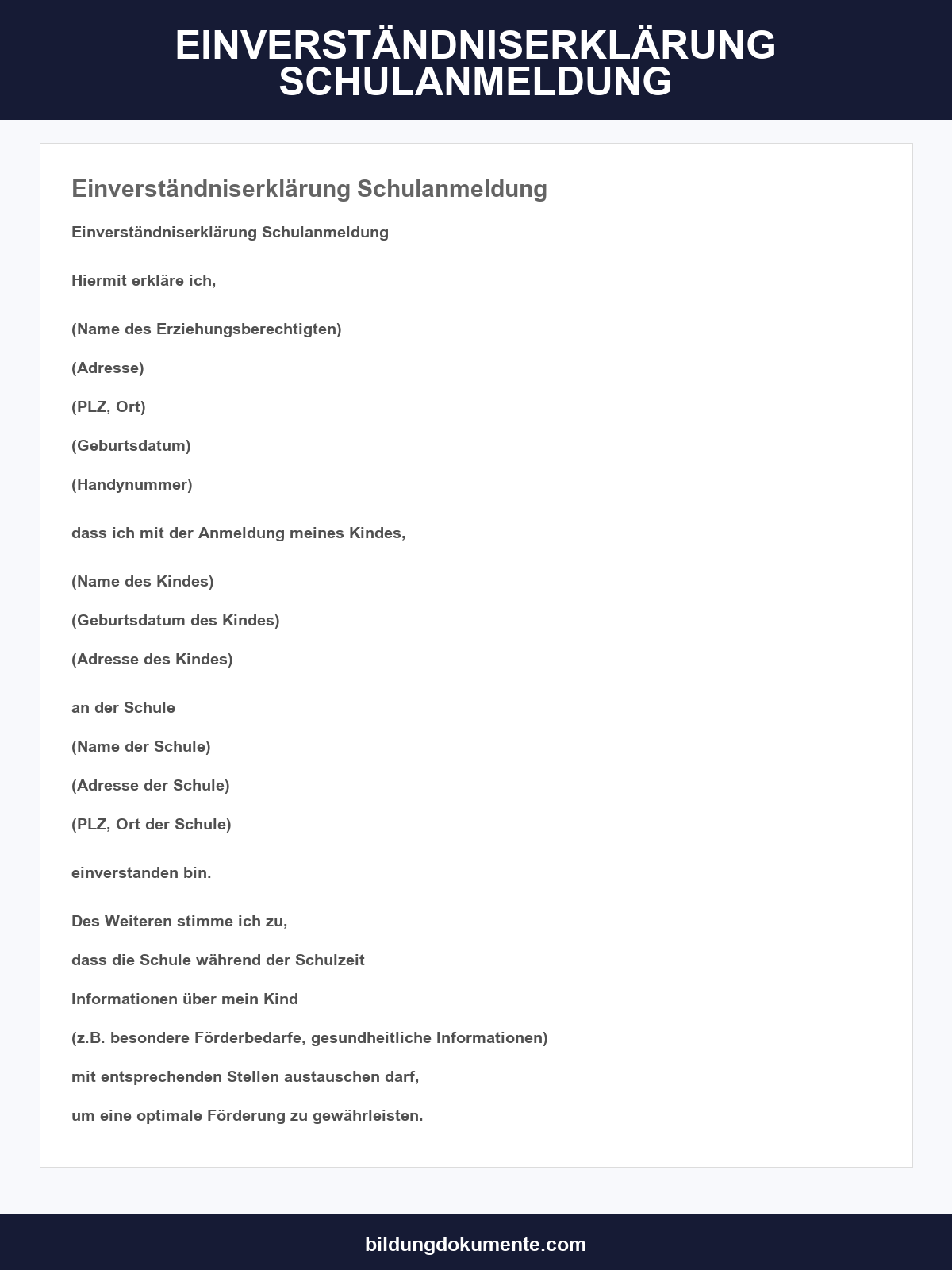 Einverständniserklärung Schulanmeldung Vorlage