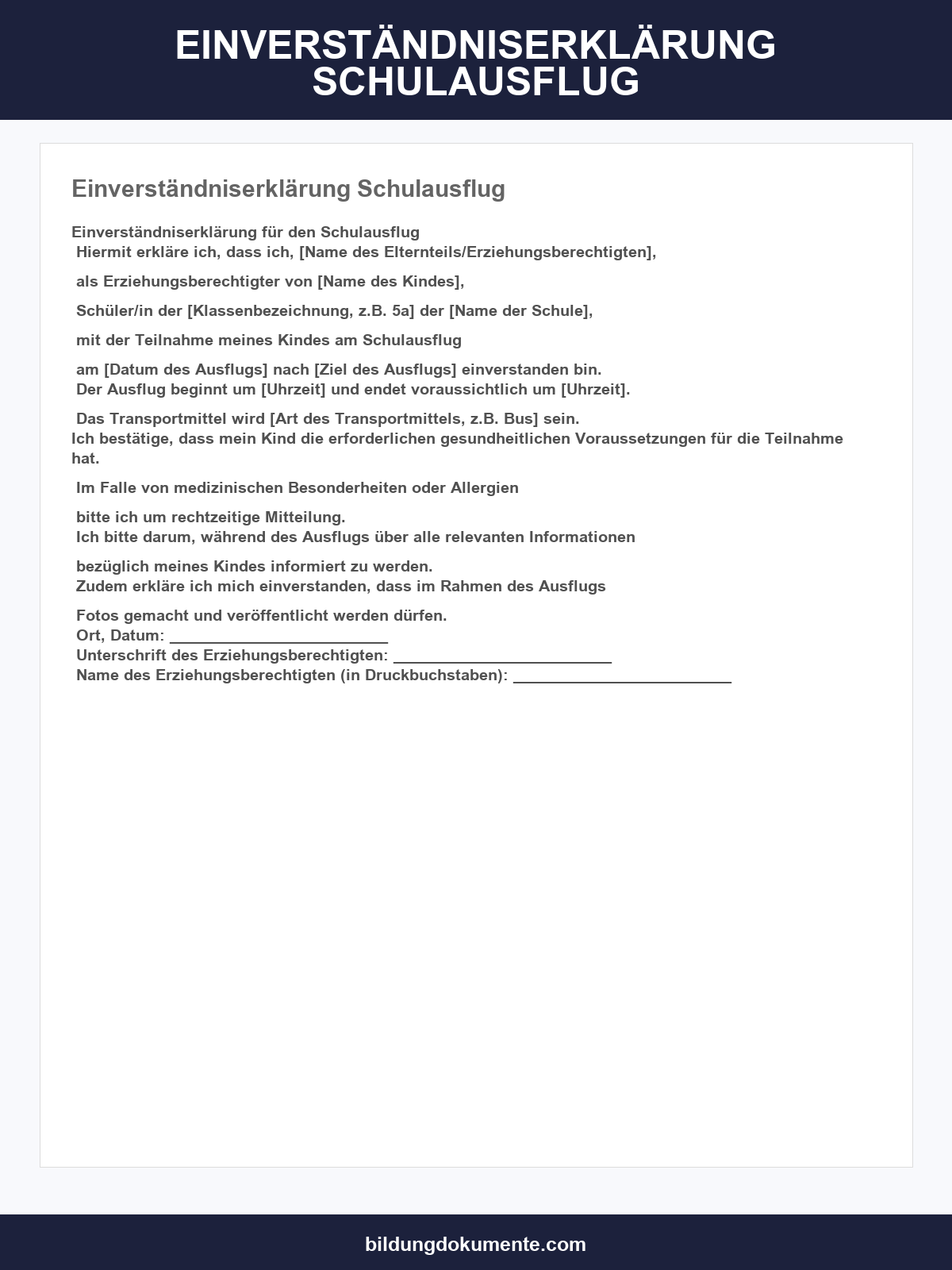 Einverständniserklärung Schulausflug Vorlage