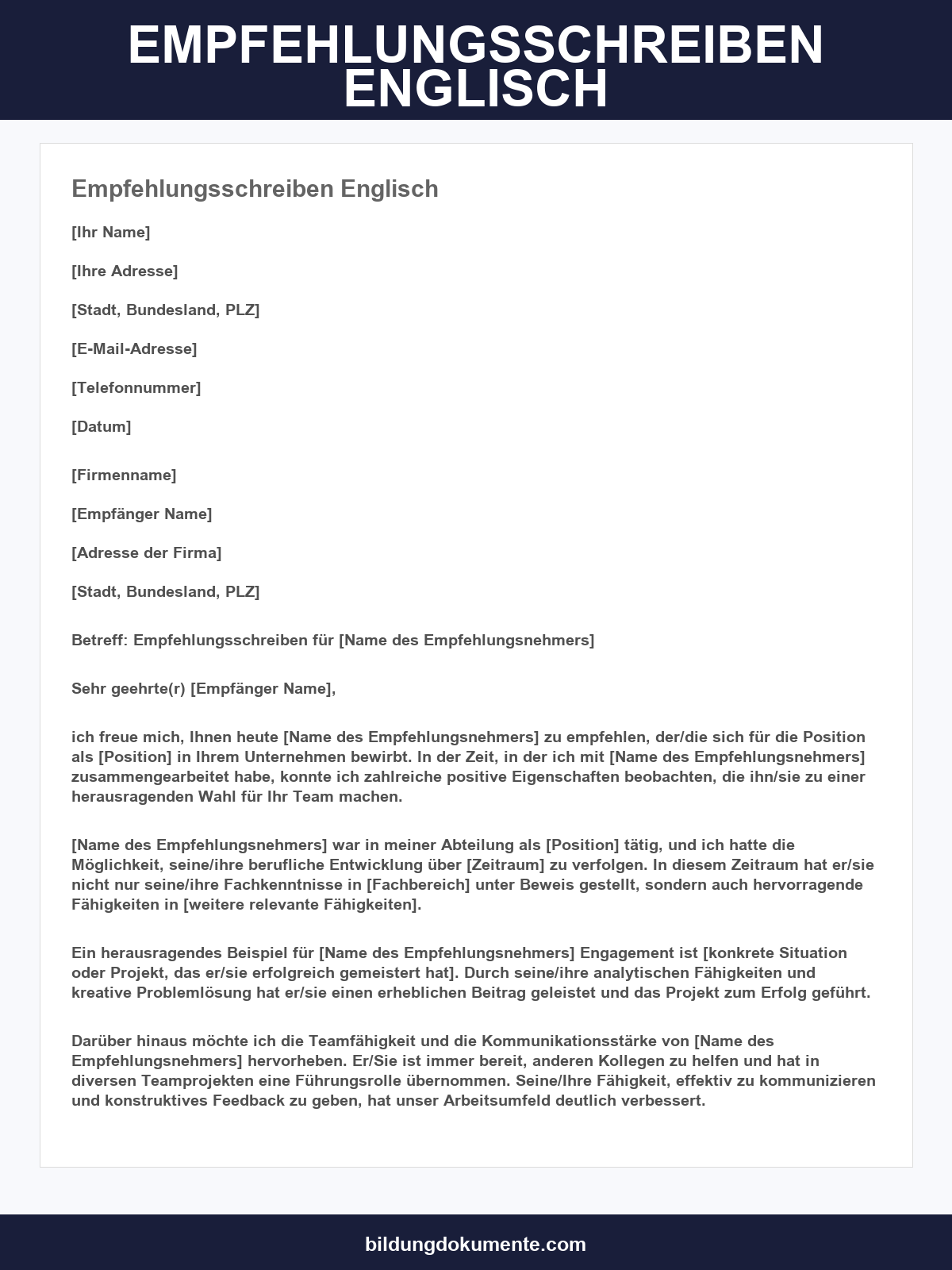 Empfehlungsschreiben Englisch Vorlage