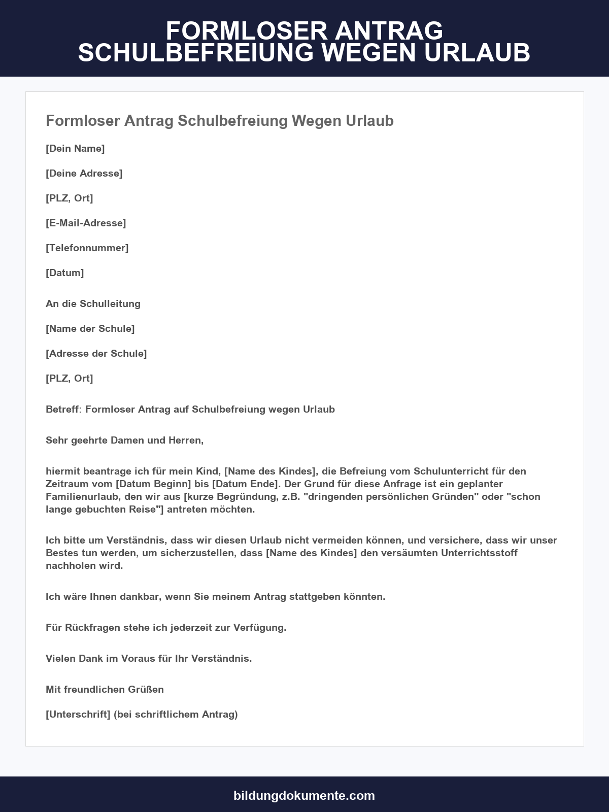 Formloser Antrag Schulbefreiung Wegen Urlaub