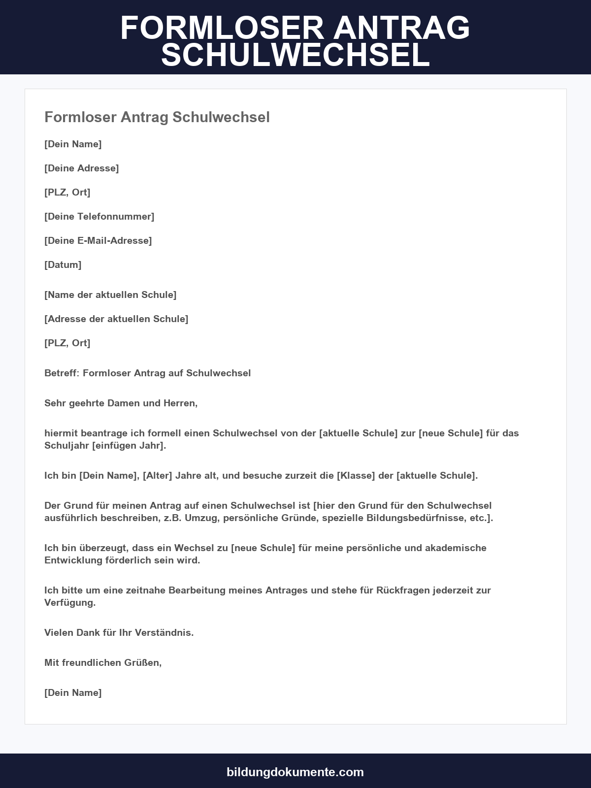 Formloser Antrag Schulwechsel