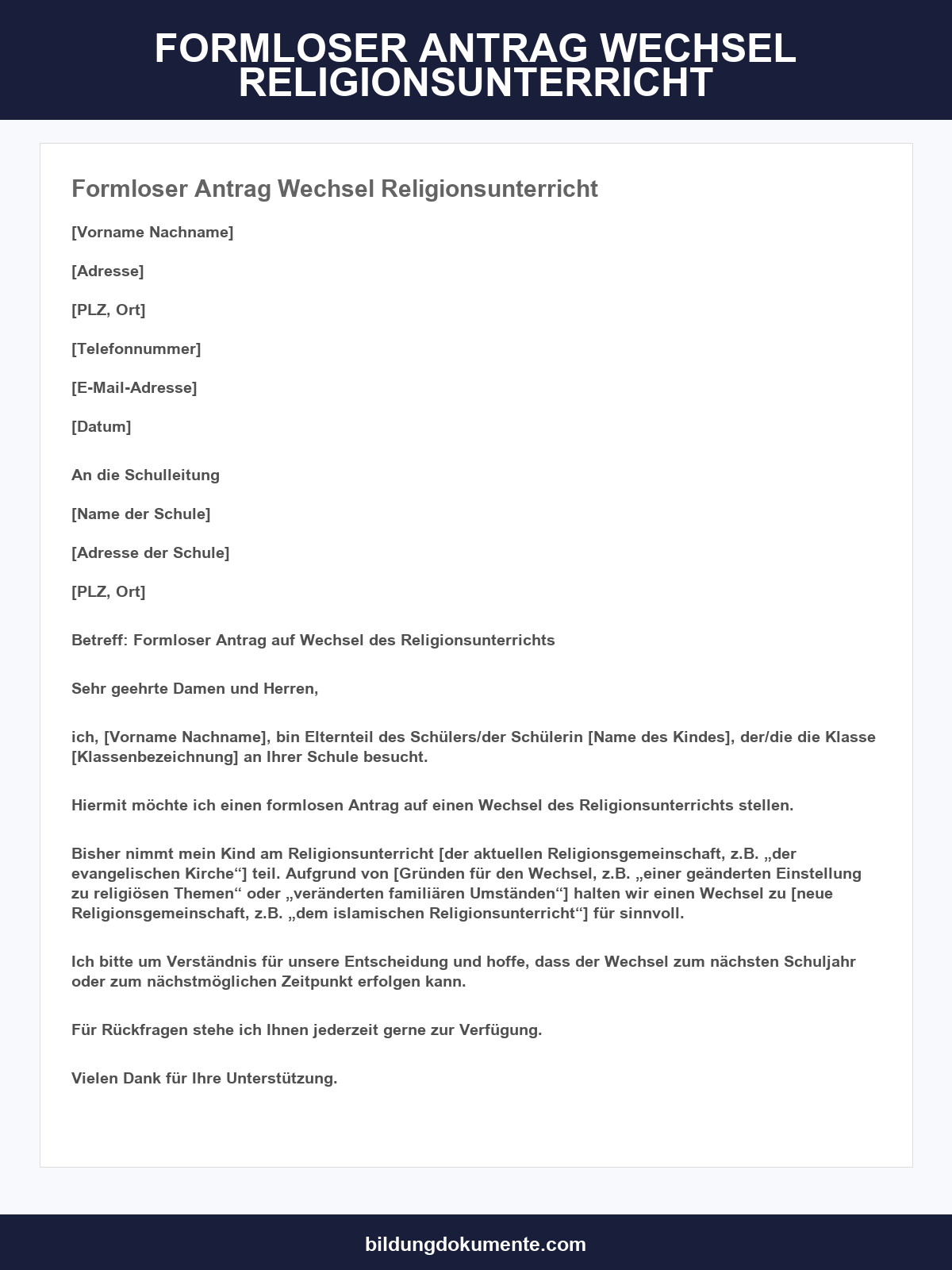 Formloser Antrag Wechsel Religionsunterricht