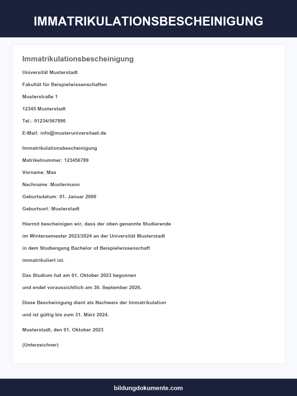 Immatrikulationsbescheinigung Muster