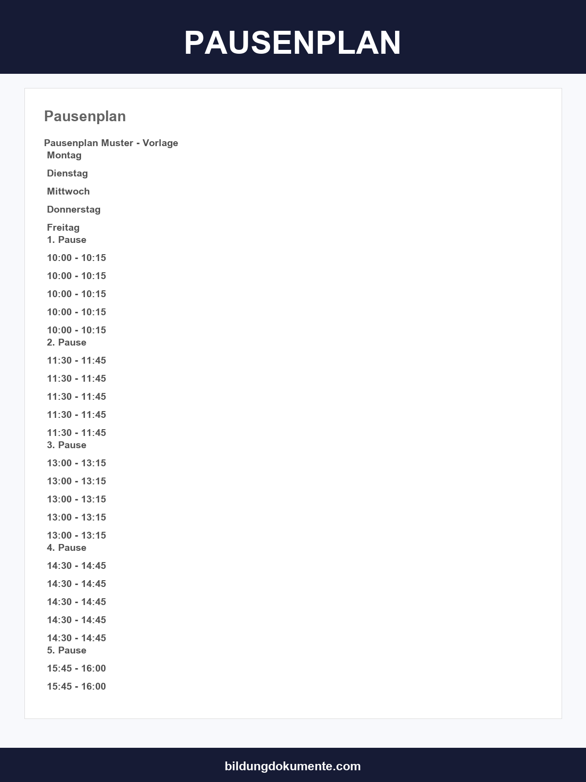 Pausenplan Vorlage