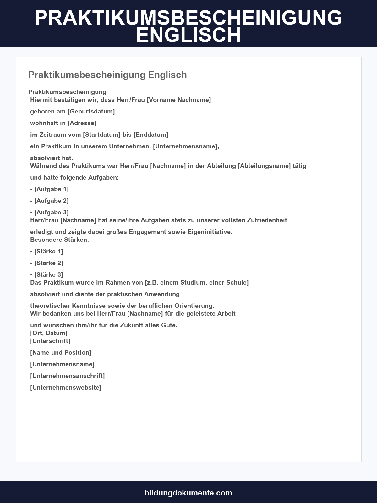 Praktikumsbescheinigung Englisch Vorlage