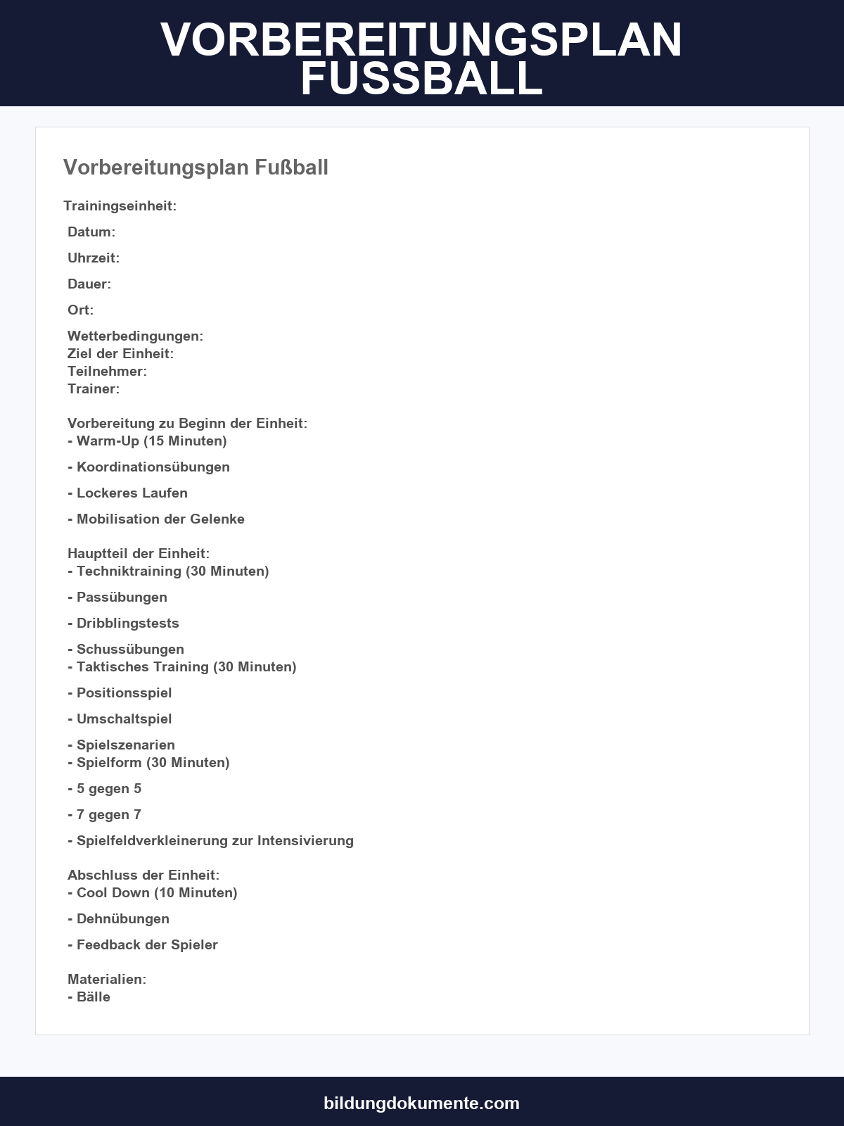 Vorbereitungsplan Fußball Vorlage
